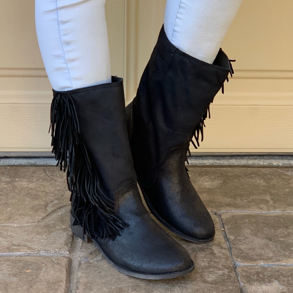Black Distressed Fringe Western Tall Ankle Boots - Picture 2 of 8